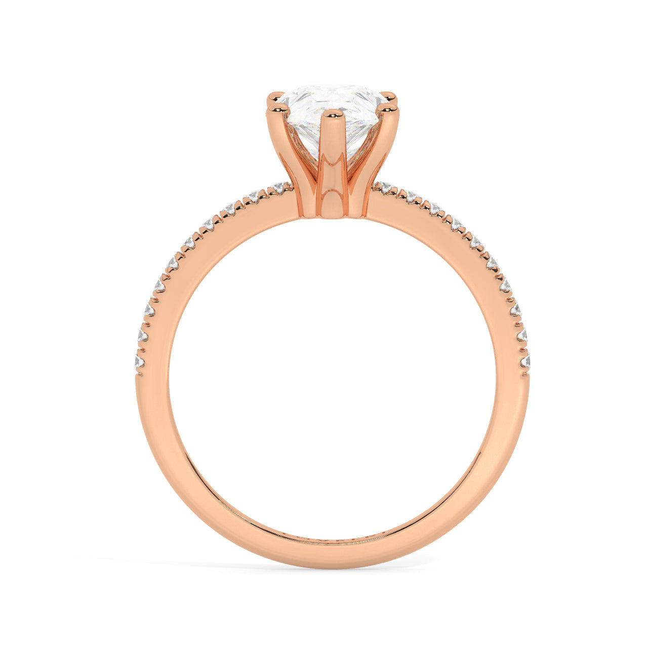 Pear Cut Lab Diamond Ring with a Pave Band on a Rose Gold Setting - Side View