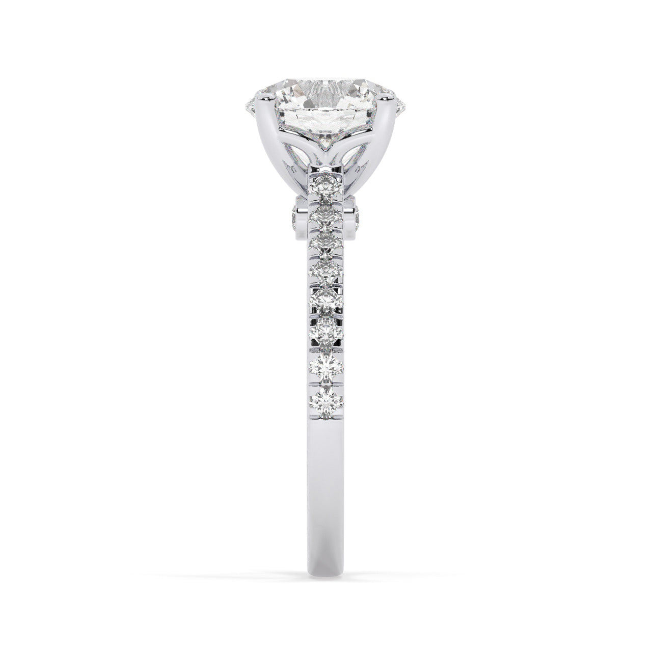 White Gold Round Cut Engagement Ring with a Pavé Band and a Hidden Stone - Other Side View
