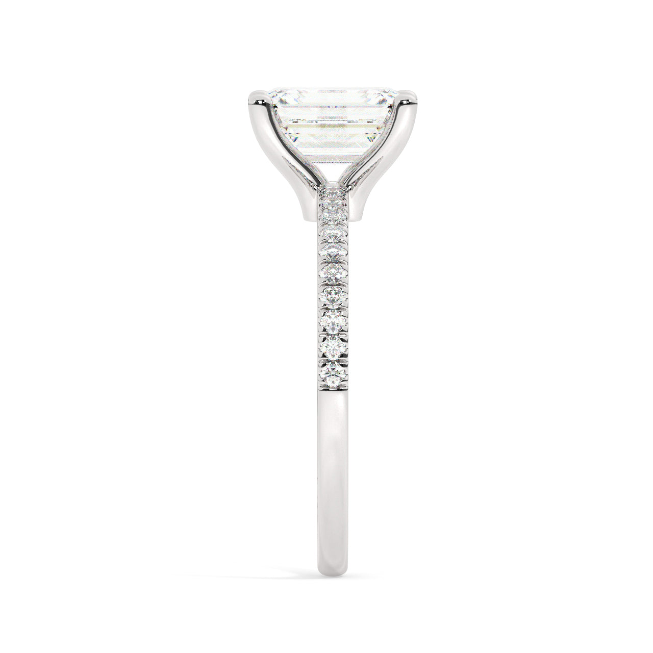 White Gold Emerald Cut Engagement Ring set on a Pavé Band - Other Side View