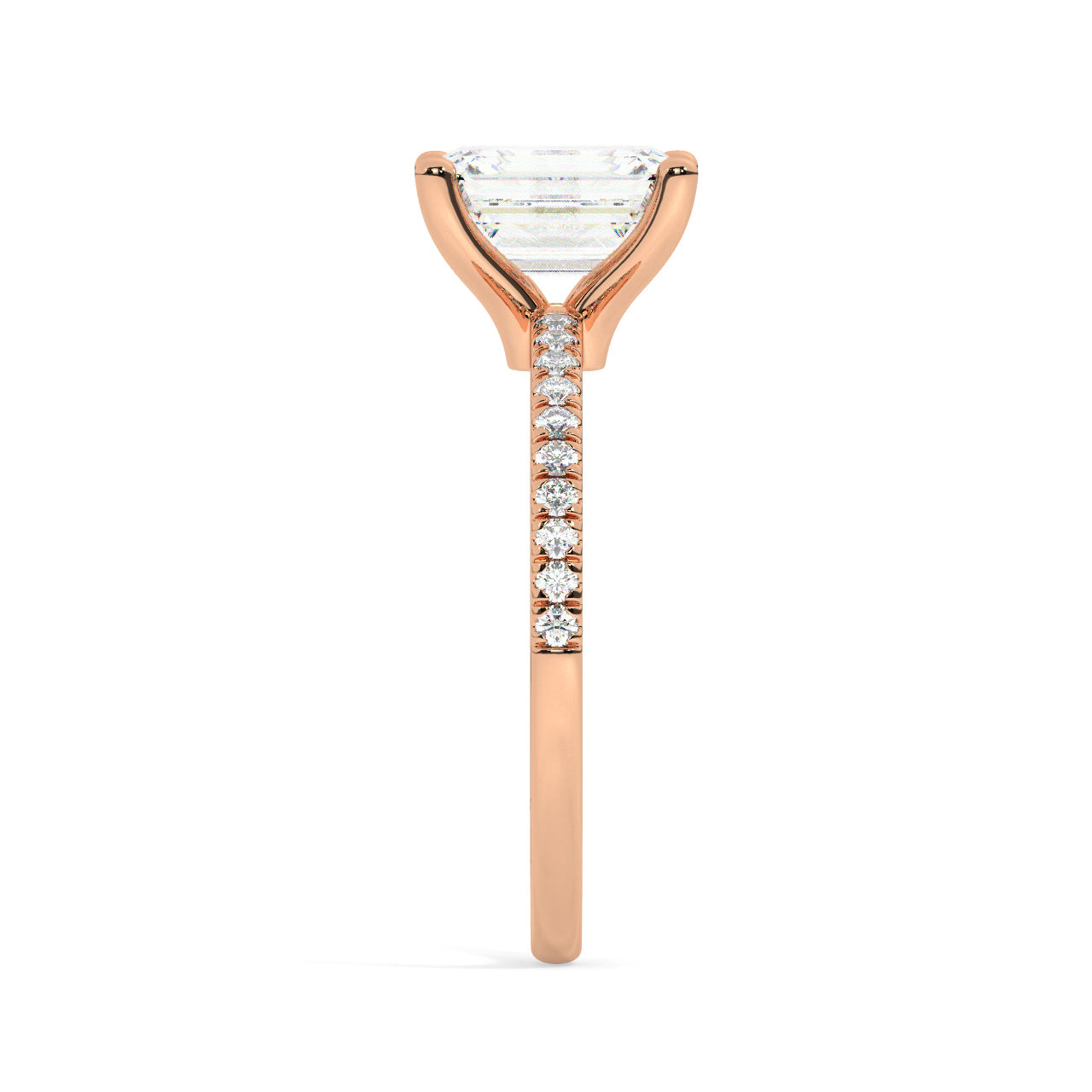 Rose Gold Emerald Cut Engagement Ring set on a Pavé Band - Other Side View