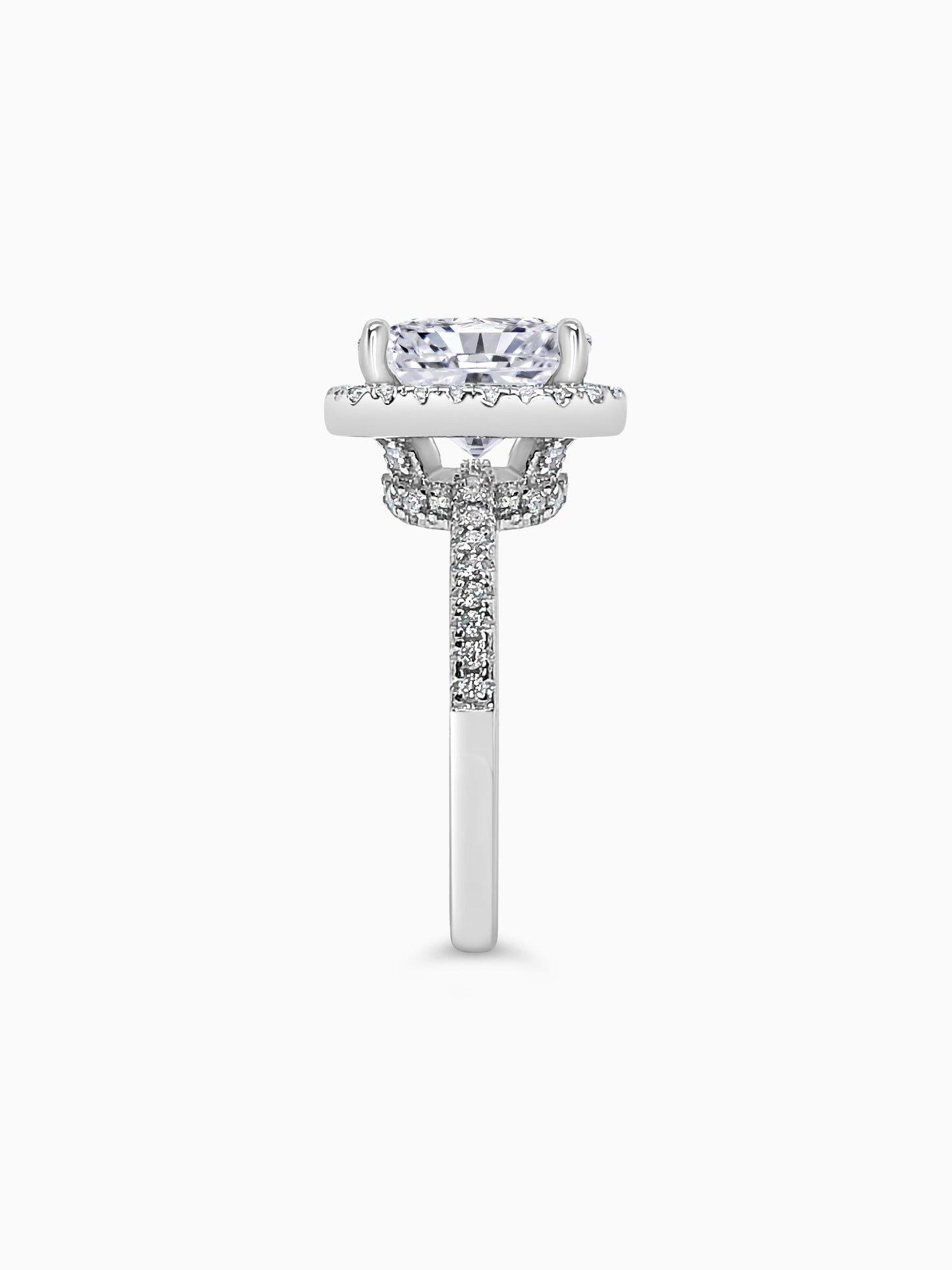 White Gold Large Cushion Cut with Surrounding Halo and Pavé stones all along the prongs, crown, and band - Other Side View