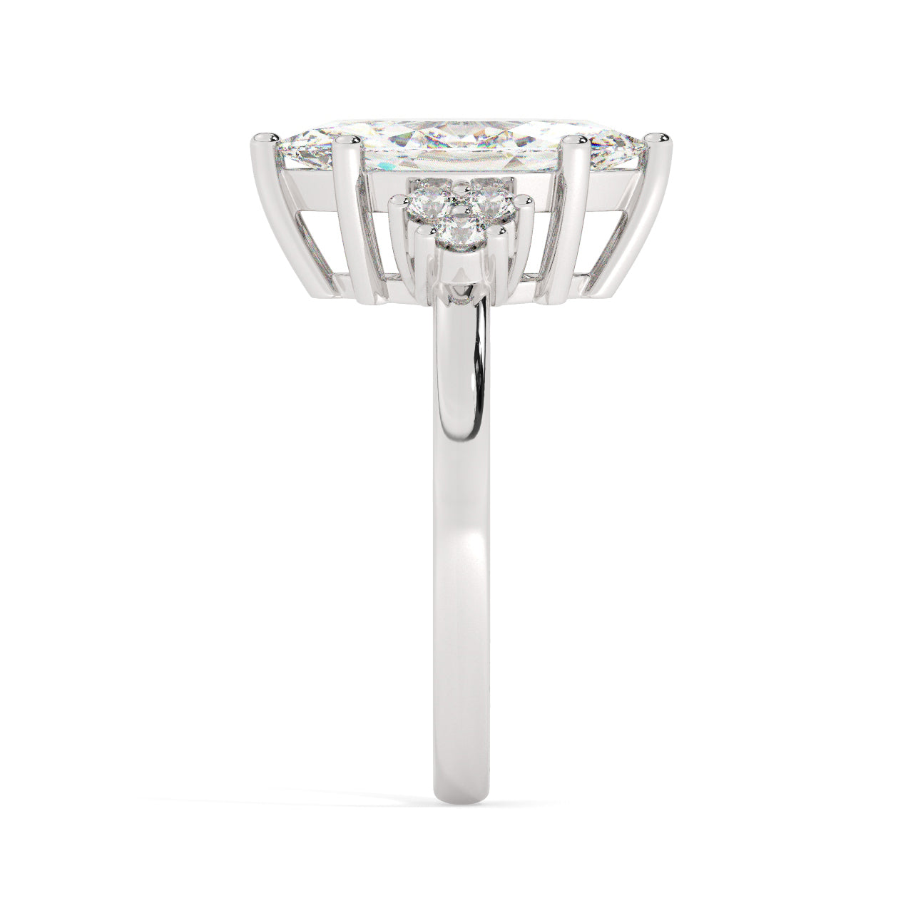 White Gold Marquis Cut Engagement Ring Accompanied by Round Stones - Other Side View