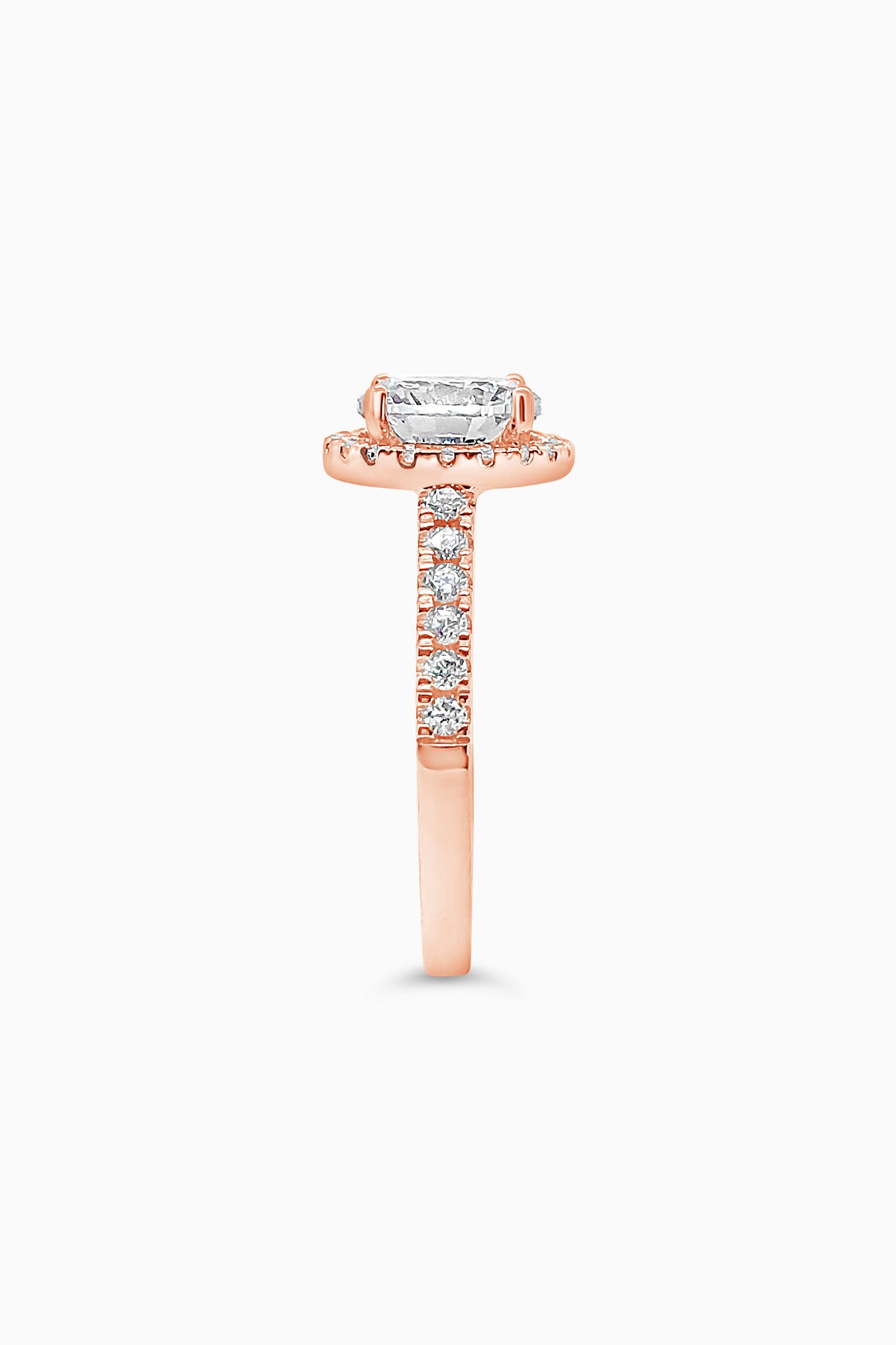 Rose Gold round cut stone surrounded by a Square Halo and Pavé band - Other Side View