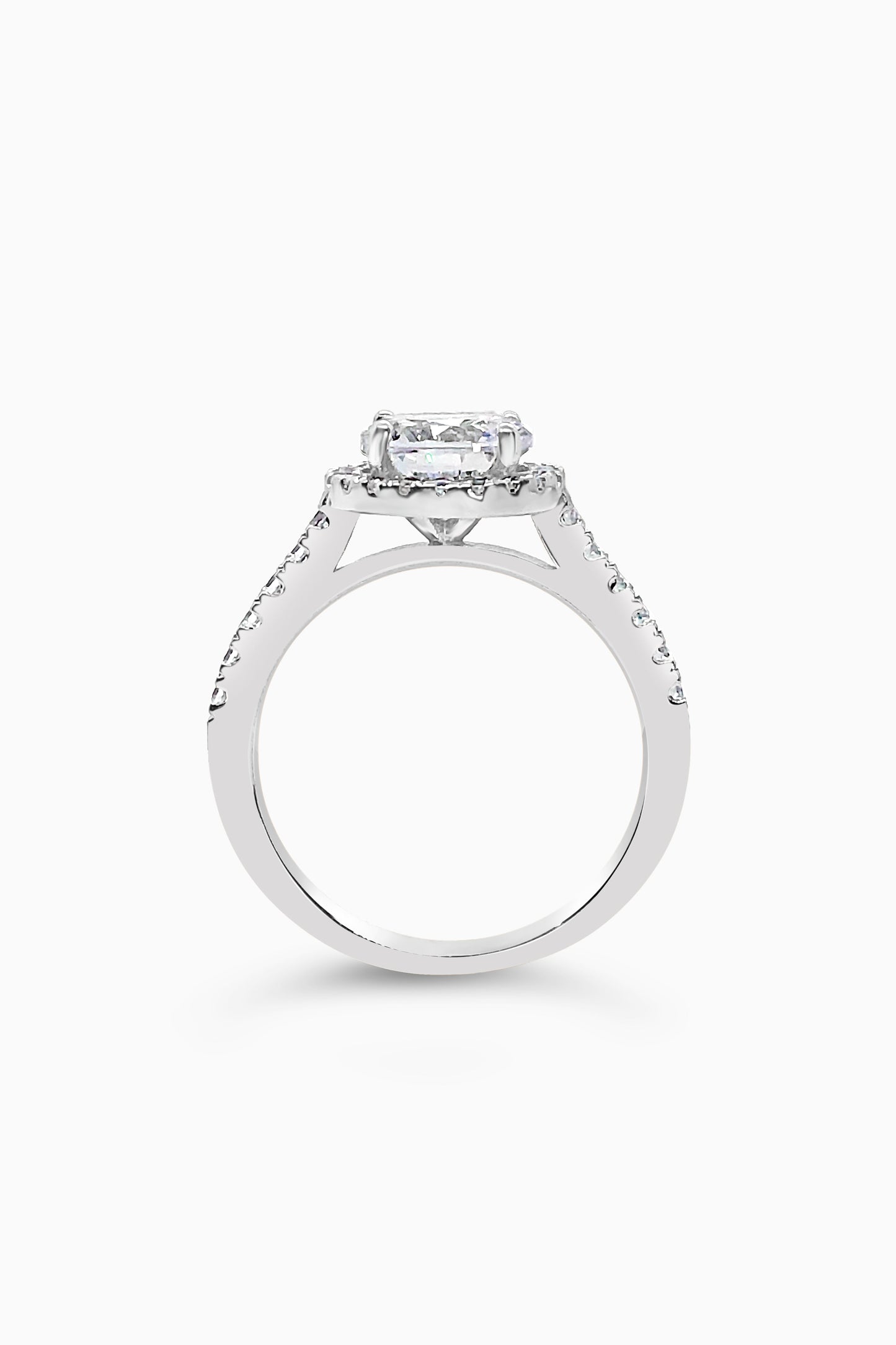 White Gold Round Cut Engagement Ring with Halo and Pavé Band Cathedral Setting - Side View