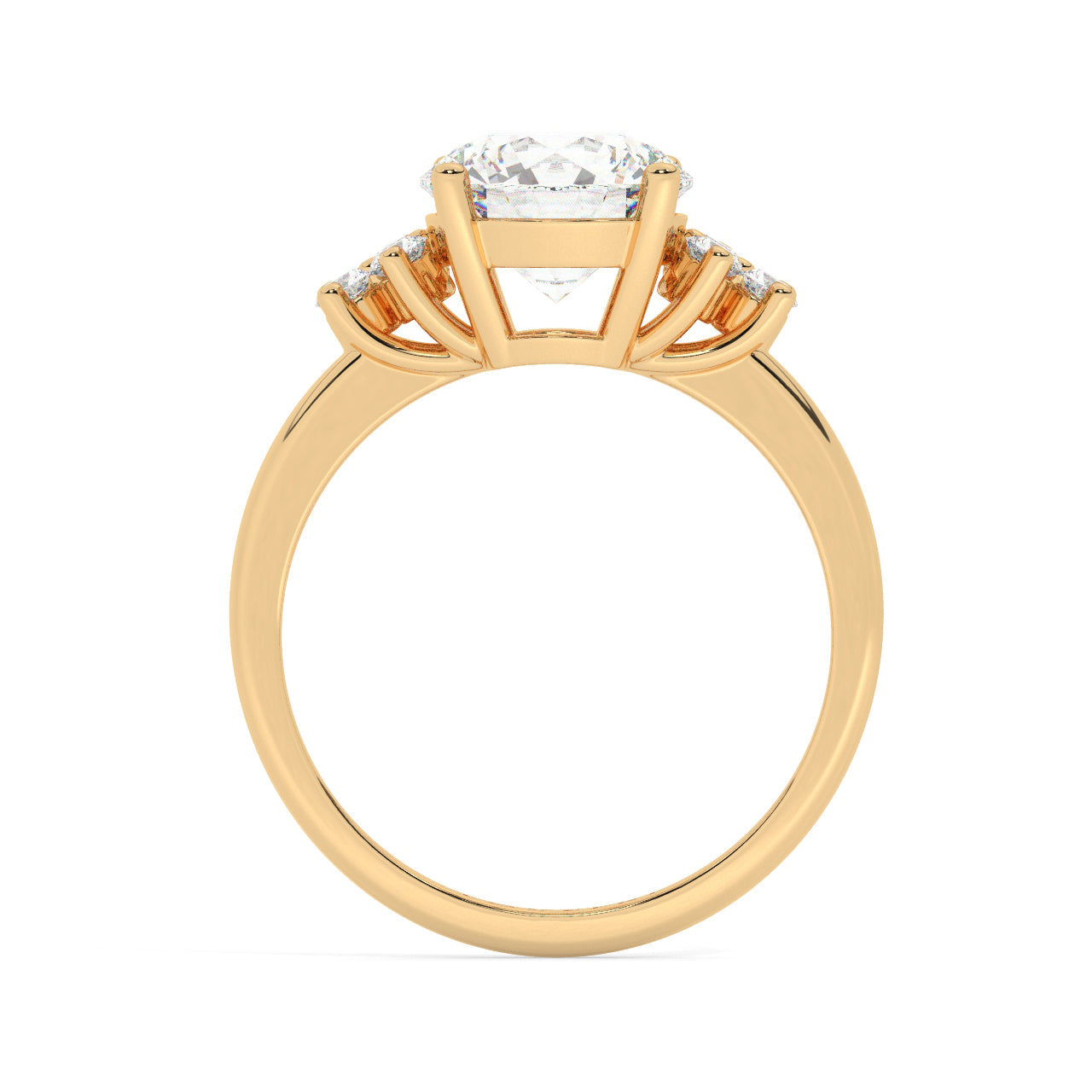 Yellow Gold Round Cut Engagement Ring Accompanied by Round Side Stones - Side View