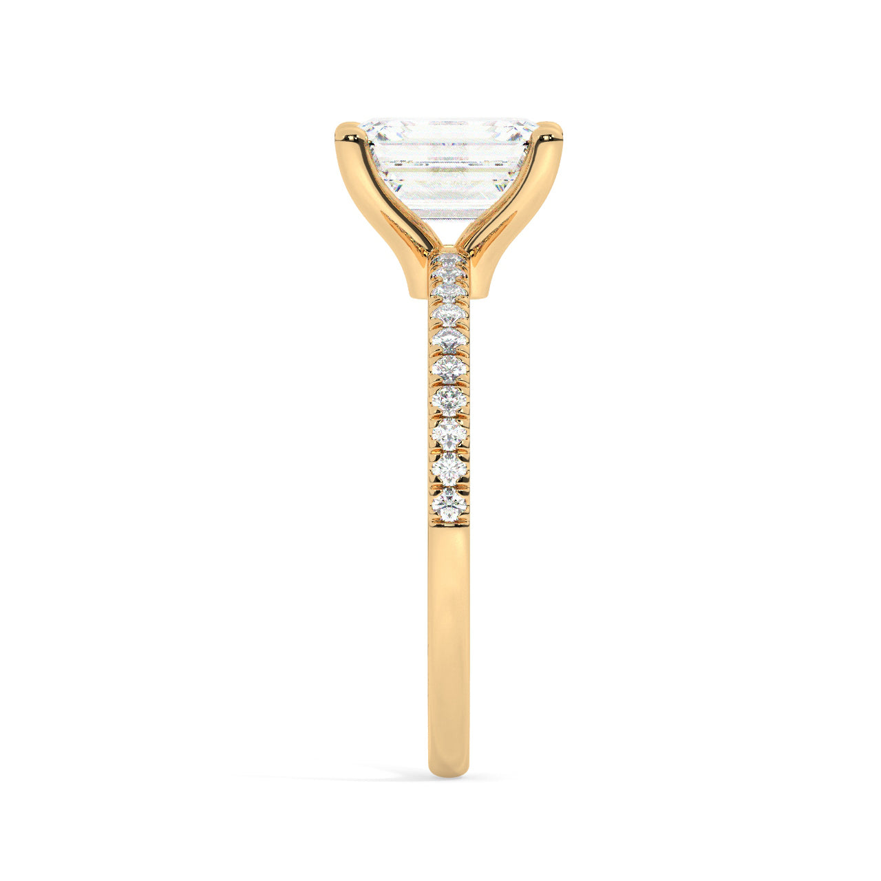 Yellow Gold Emerald Cut Engagement Ring set on a Pavé Band - Other Side View