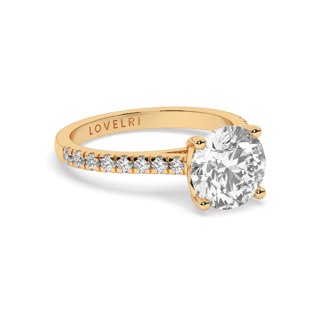 Yellow Gold Round Cut Engagement Ring with a Pavé Band and a Hidden Stone - Rotated View