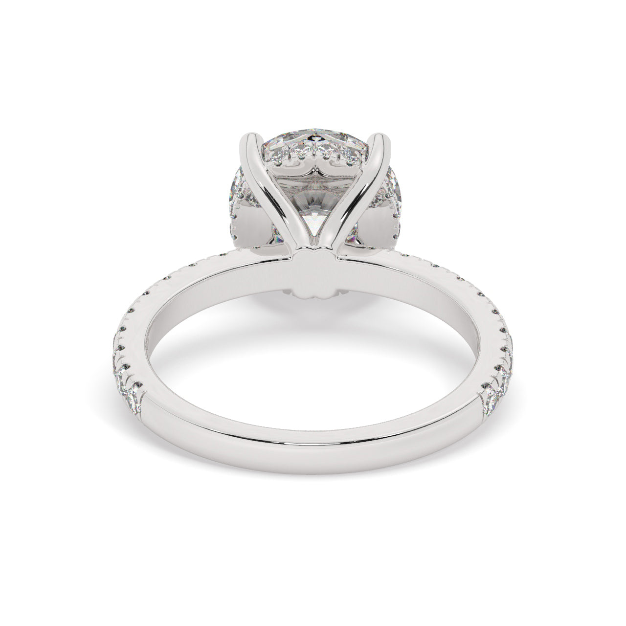Platinum Round Cut Engagement Ring on a Pavé Band with a Hidden Halo - Back View