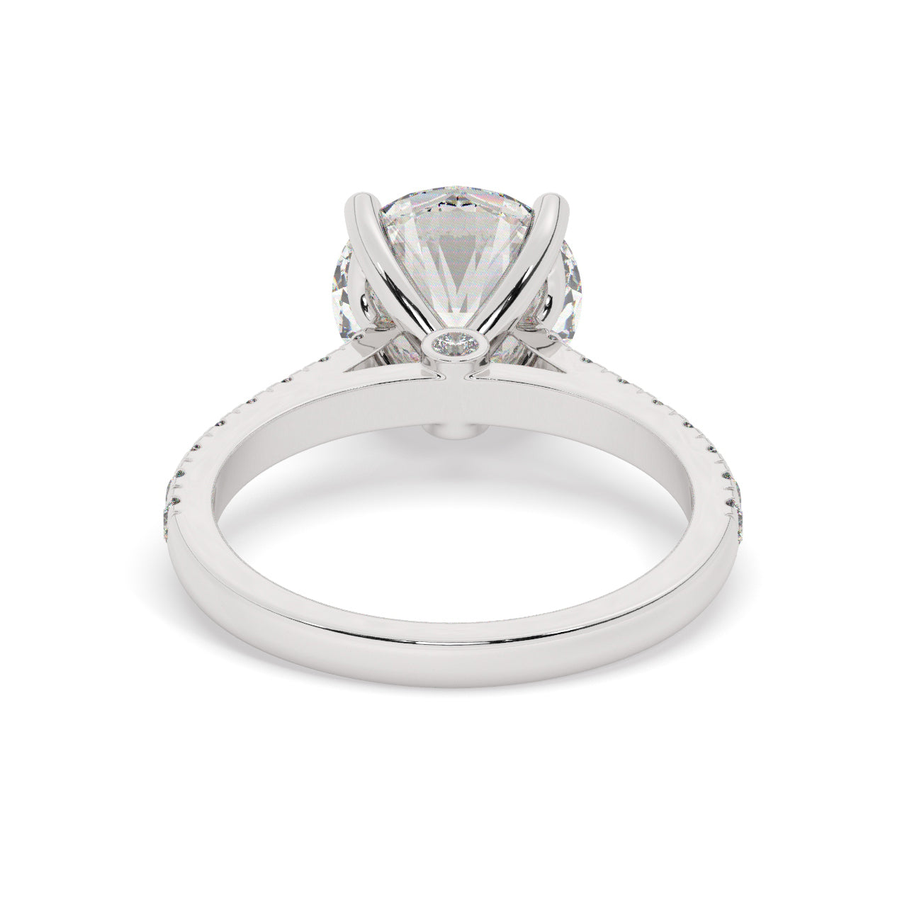 White Gold Round Cut Engagement Ring with a Pavé Band and a Hidden Stone - Back View