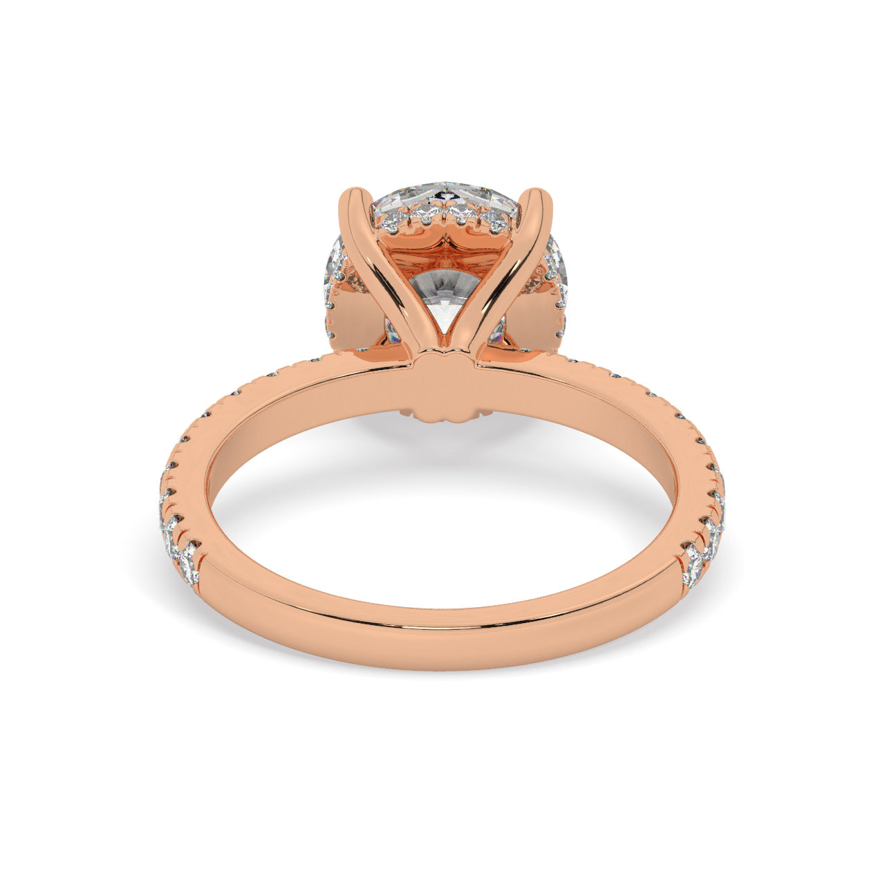 Rose Gold Round Cut Engagement Ring on a Pavé Band with a Hidden Halo - Back View