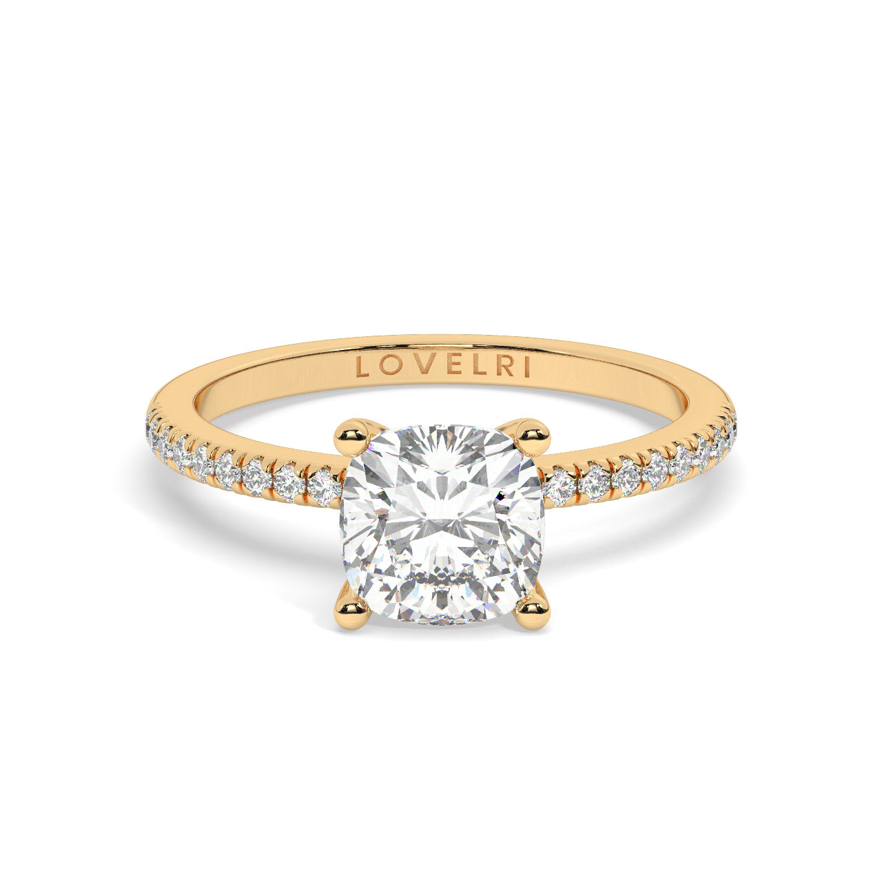 Round Cut Diamond Ring set on a Pavé Band in Yellow Gold