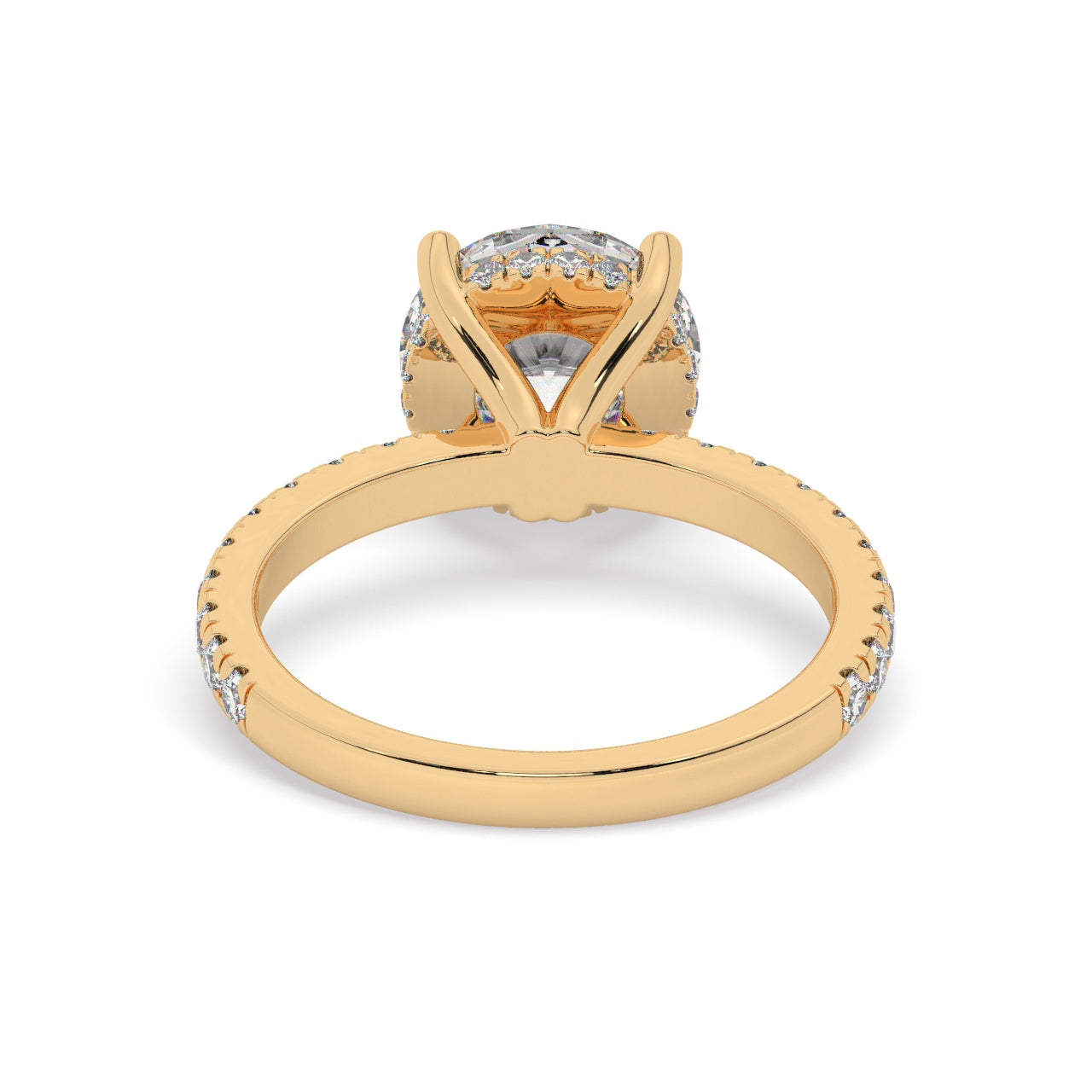 Yellow Gold Round Cut Engagement Ring on a Pavé Band with a Hidden Halo - Back View