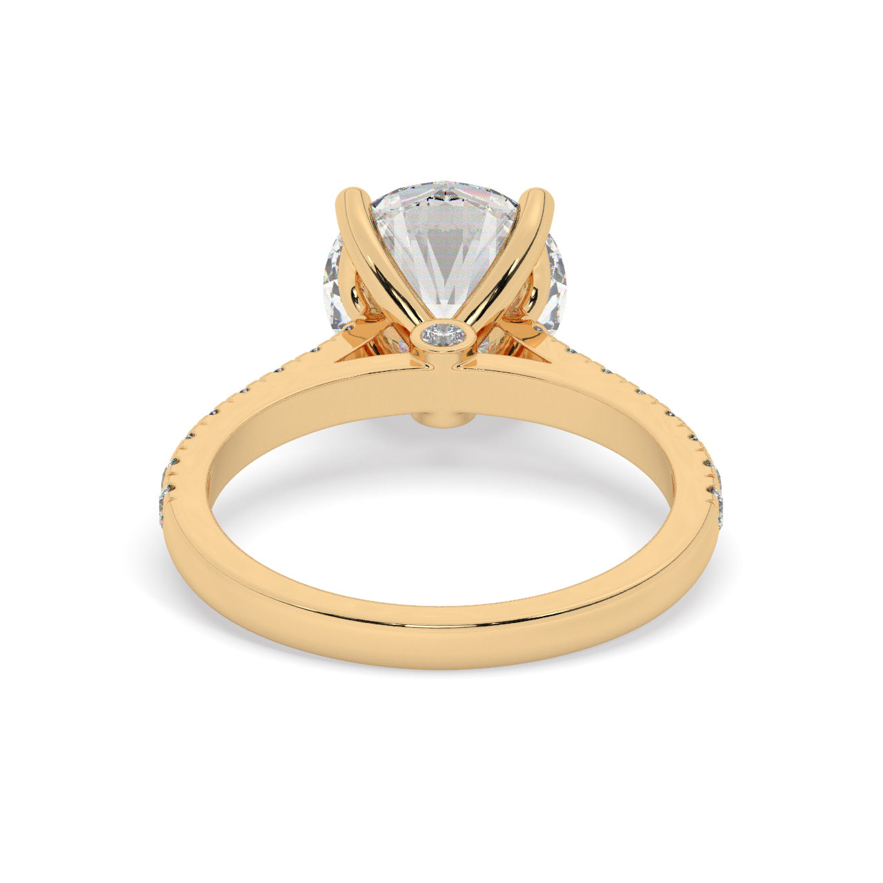 Yellow Gold Round Cut Engagement Ring with a Pavé Band and a Hidden Stone - Back View