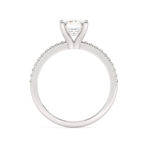 White Gold Emerald Cut Engagement Ring set on a Pavé Band - Side View