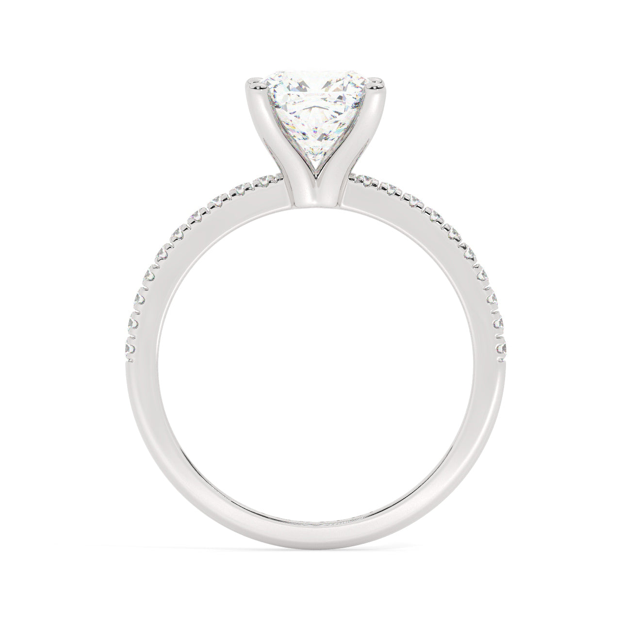 Round Cut Diamond Ring set on a Pavé Band in White Gold - Side View