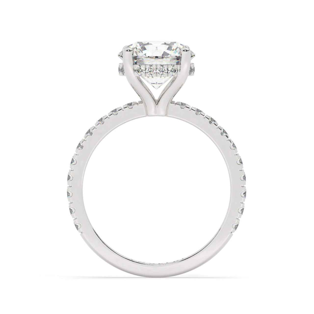 Platinum Round Cut Engagement Ring on a Pavé Band with a Hidden Halo - Side View