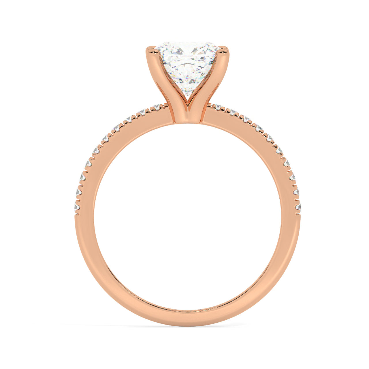 Round Cut Diamond Ring set on a Pavé Band in Rose Gold - Side View