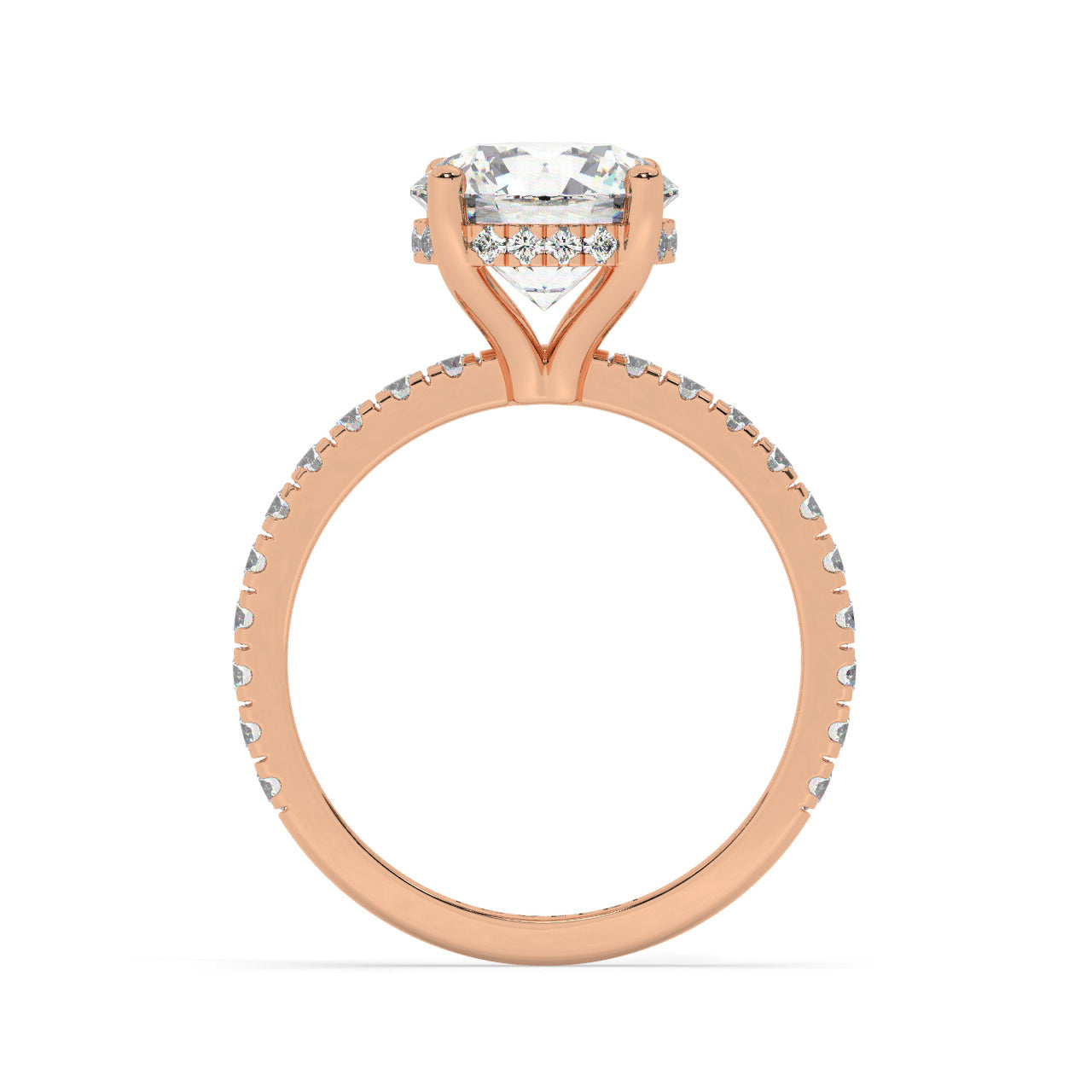 Rose Gold Round Cut Engagement Ring on a Pavé Band with a Hidden Halo - Side View