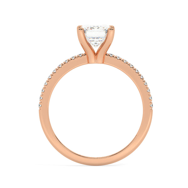 Rose Gold Emerald Cut Engagement Ring set on a Pavé Band - Side View