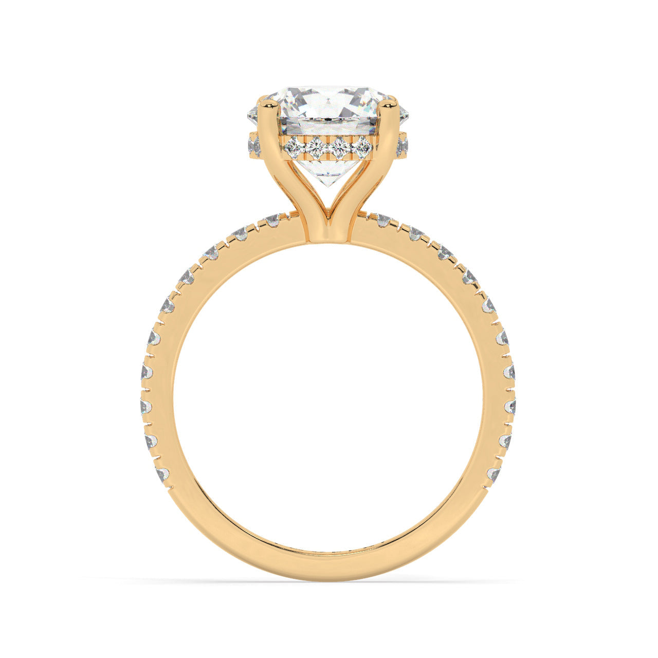 Yellow Gold Round Cut Engagement Ring on a Pav√© Band with a Hidden Halo - Side View