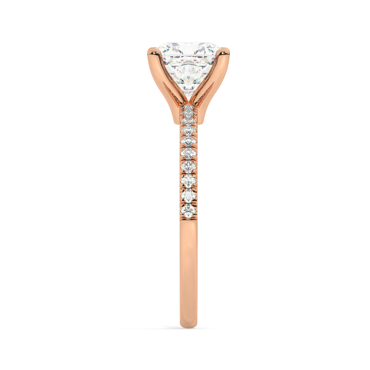 Round Cut Diamond Ring set on a Pavé Band in Rose Gold - Other Side View