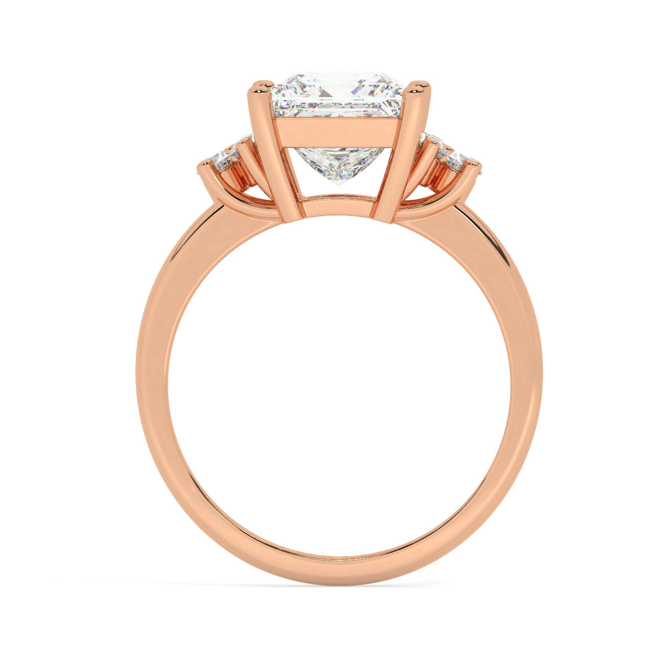 Rose Gold Princess Cut Engagement Ring Accompanied by Round Stones - Side View