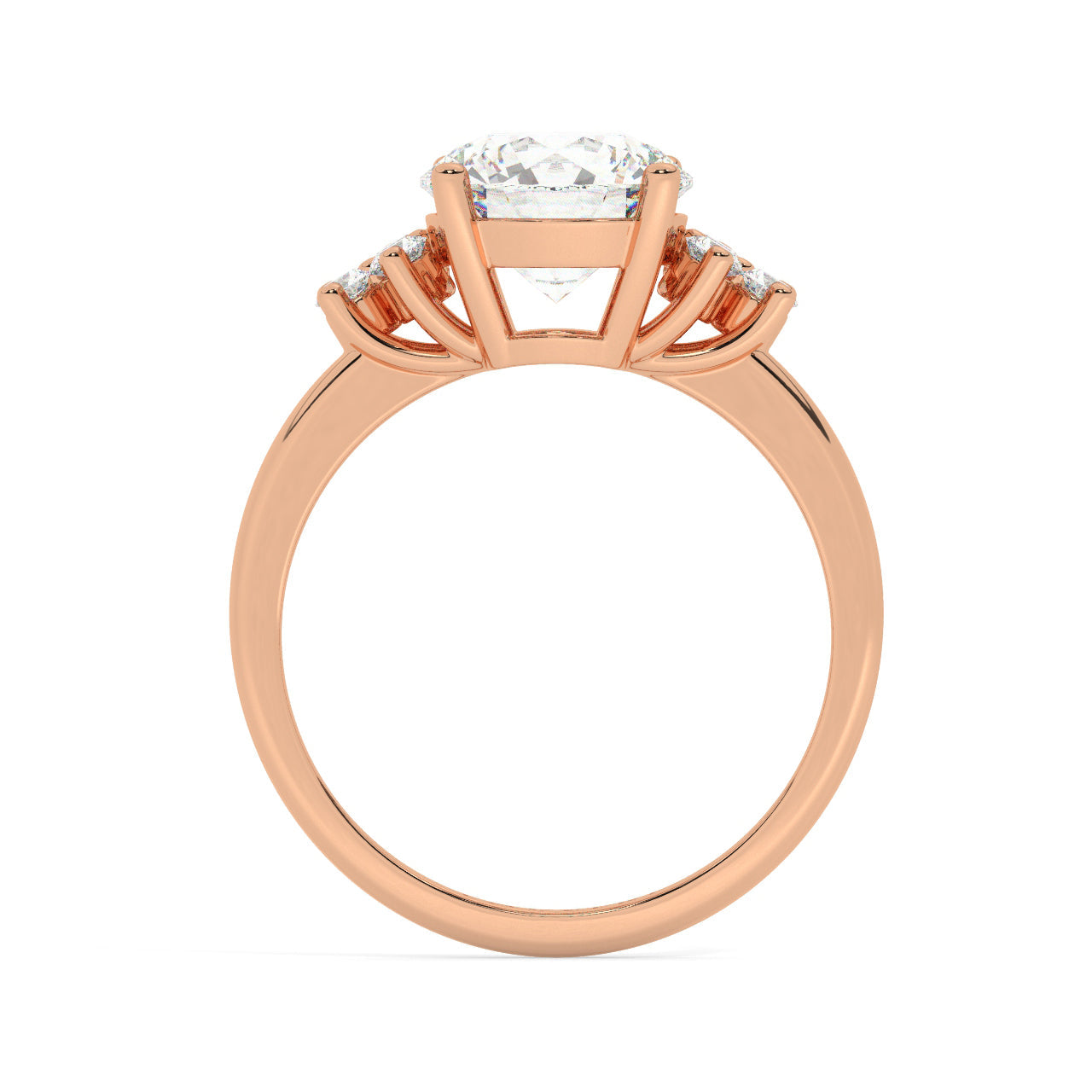 Rose Gold Round Cut Engagement Ring Accompanied by Round Side Stones - Side View