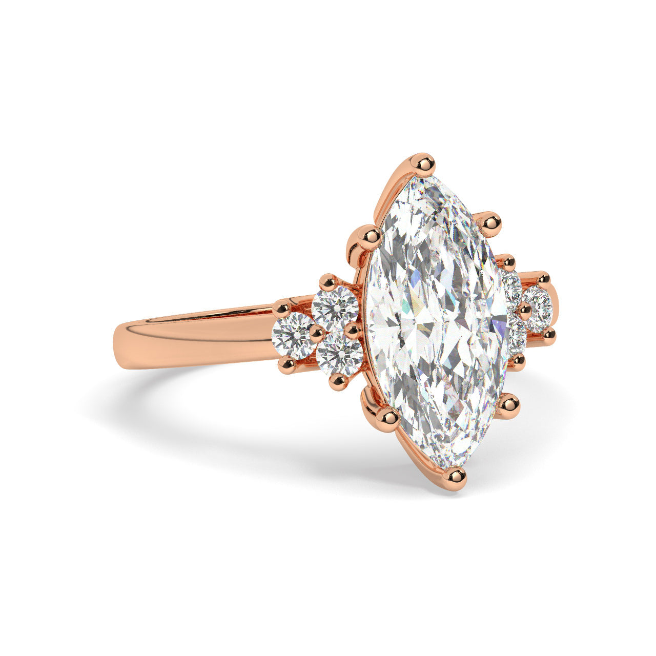 Rose Gold Marquis Cut Engagement Ring Accompanied by Round Stones - Rotated View