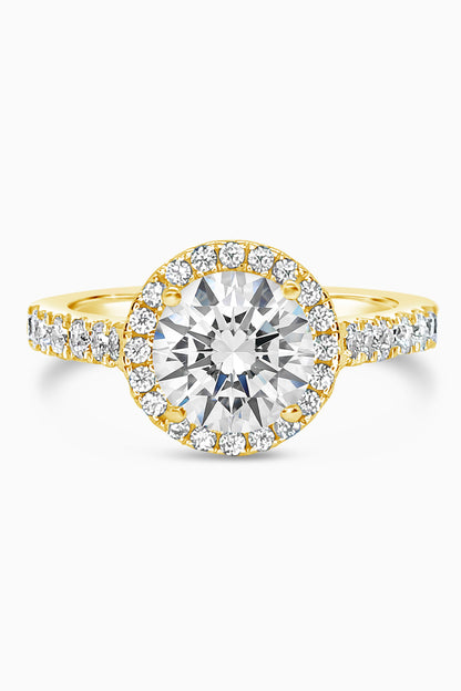 Yellow Gold Round Cut Engagement Ring with Halo and Pavé Band Cathedral Setting