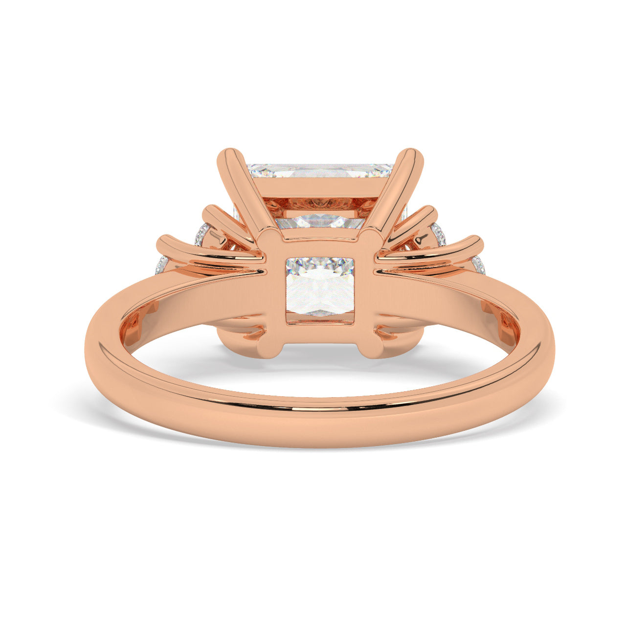 Rose Gold Princess Cut Engagement Ring Accompanied by Round Stones - Back View