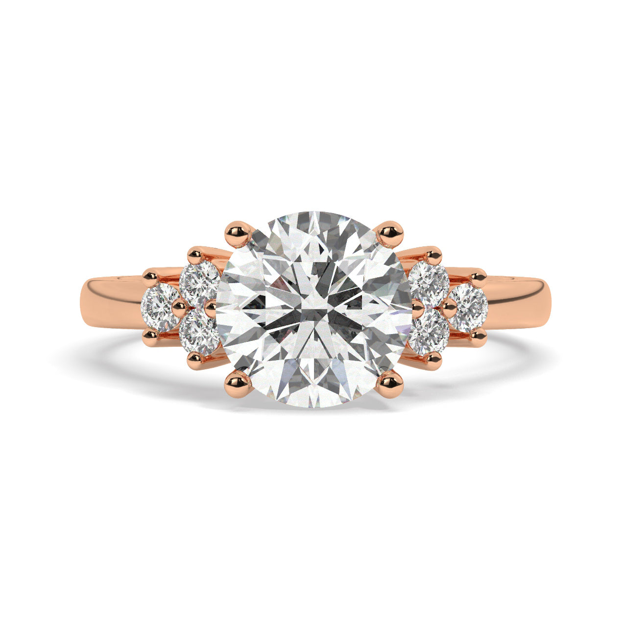 Rose Gold Round Cut Engagement Ring Accompanied by Round Side Stones