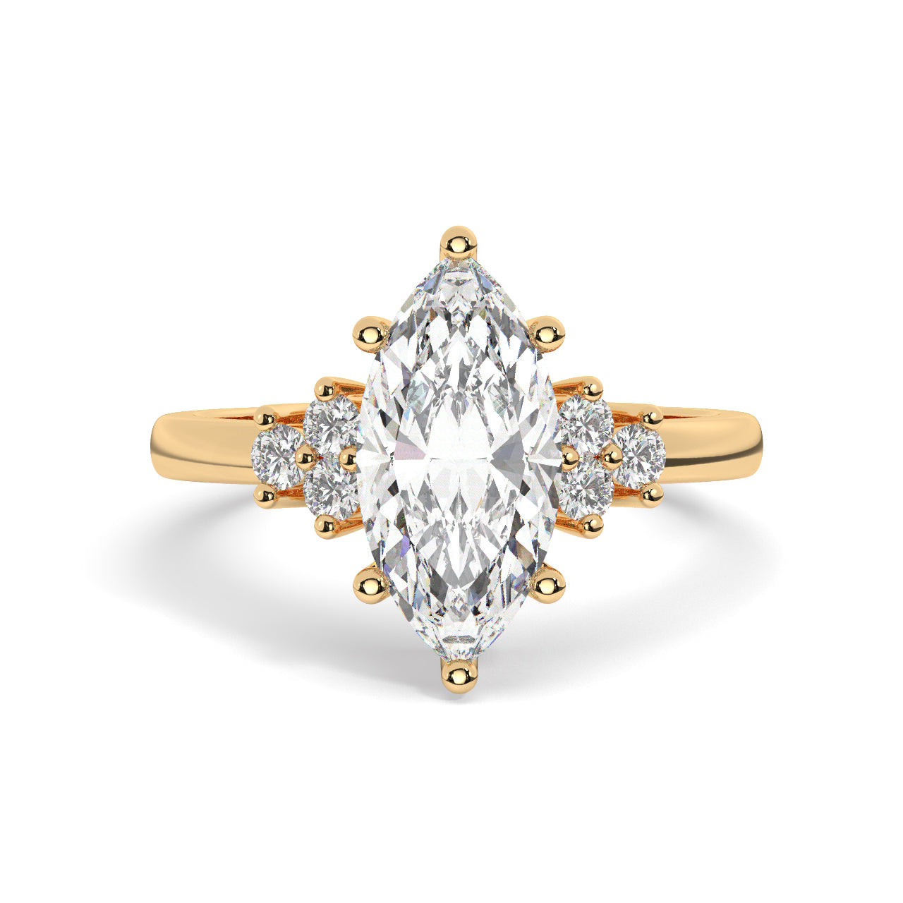 Yellow Gold Marquis Cut Engagement Ring Accompanied by Round Stones