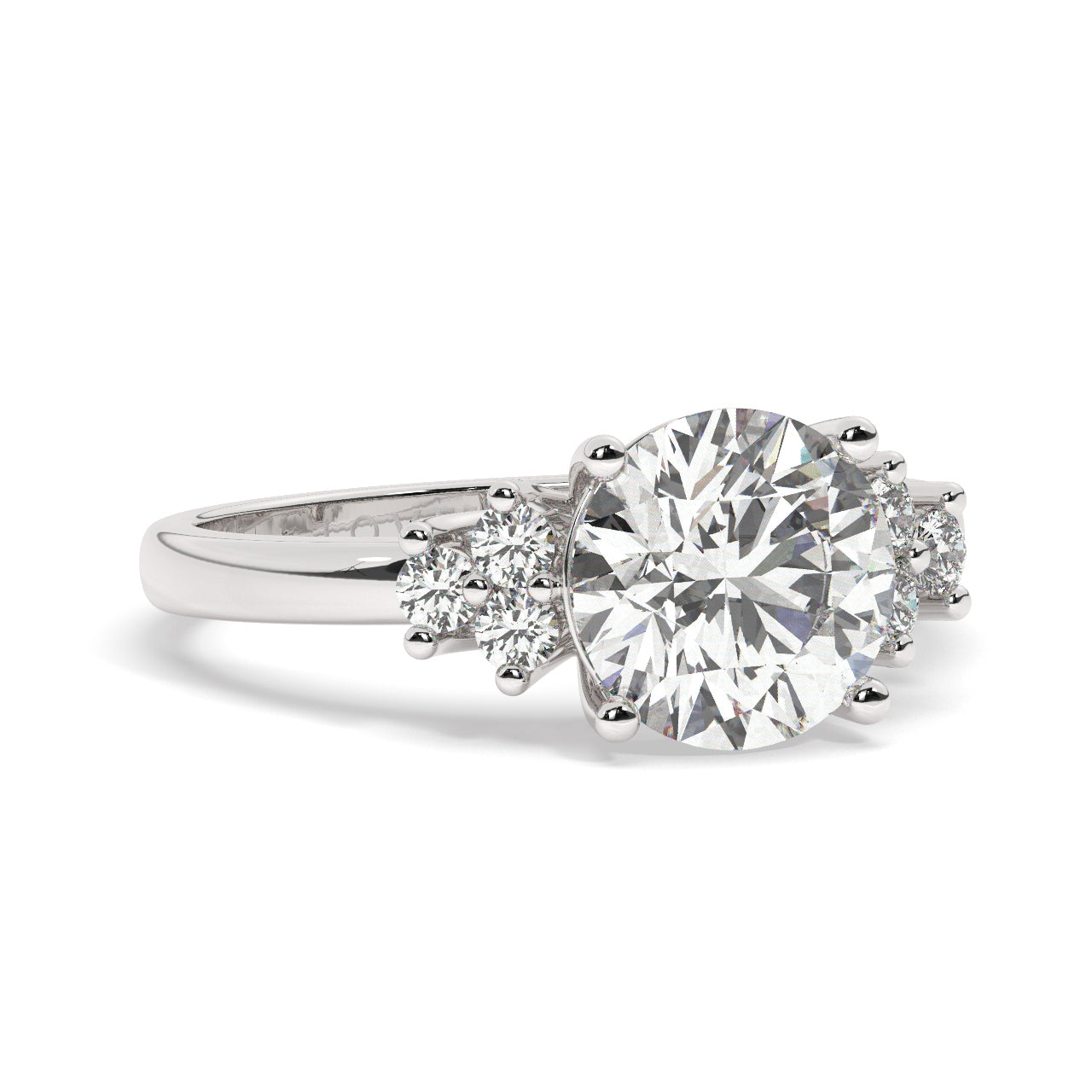 Platinum Round Cut Engagement Ring Accompanied by Round Side Stones - Rotated View