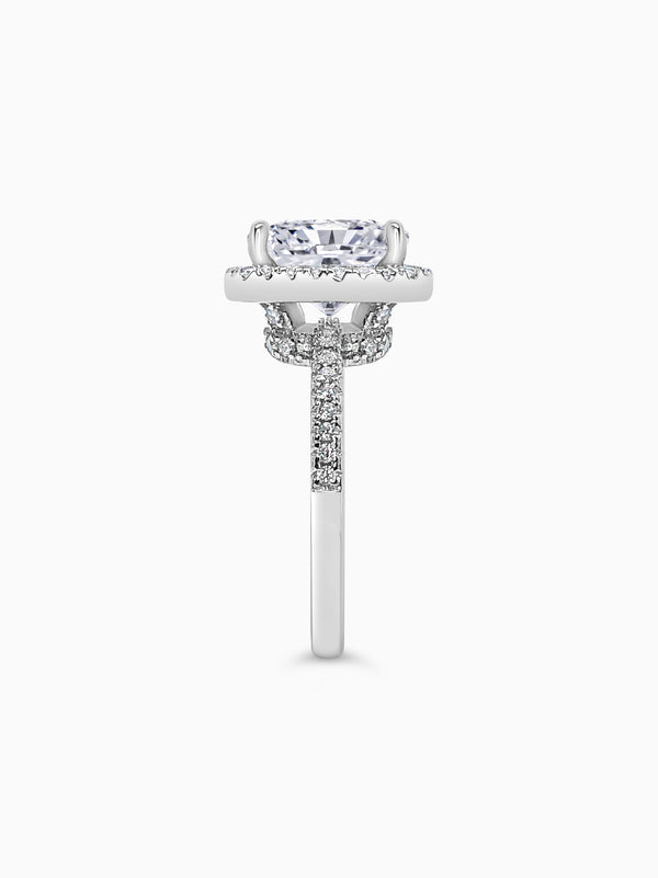 White Gold Large Cushion Cut with Surrounding Halo and Pavé stones all along the prongs, crown, and band - Other Side View