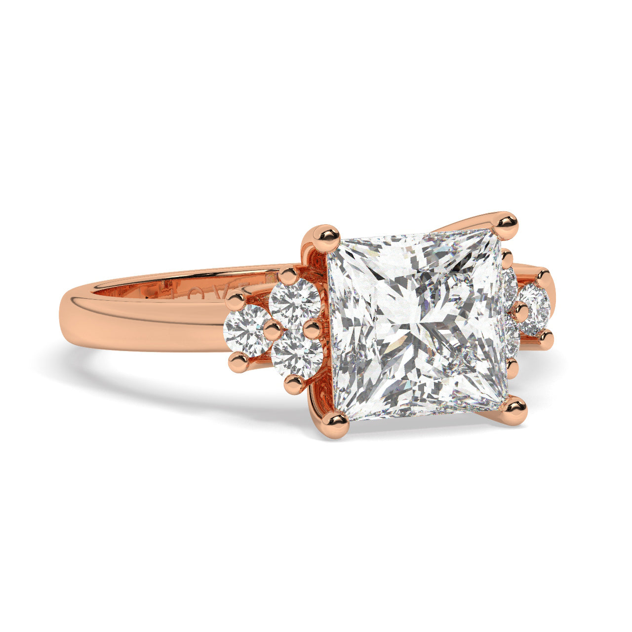 Rose Gold Princess Cut Engagement Ring Accompanied by Round Stones - Rotated View