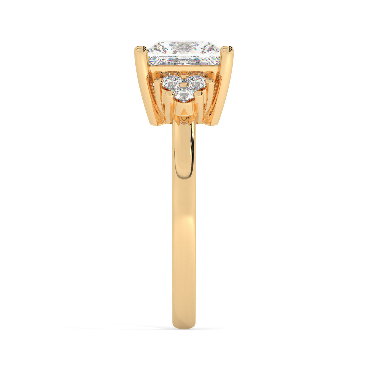 Yellow Gold Princess Cut Engagement Ring Accompanied by Round Stones - Other Side View