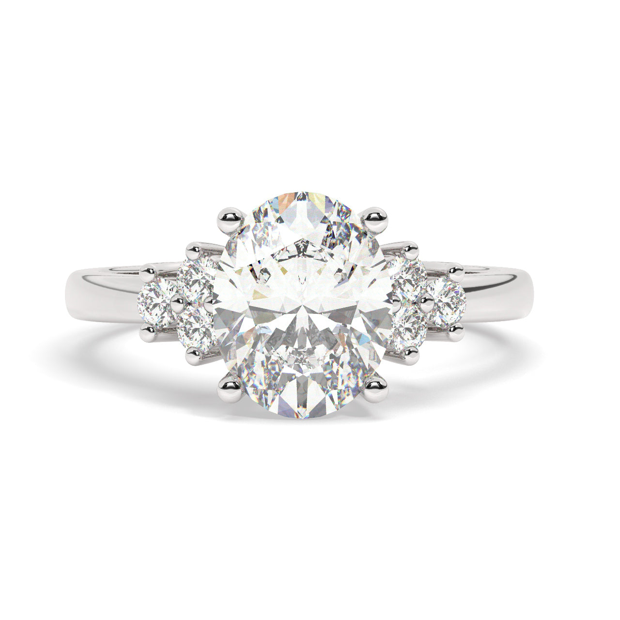 White Gold Oval Cut Engagement Ring with Accompanying Round Stones