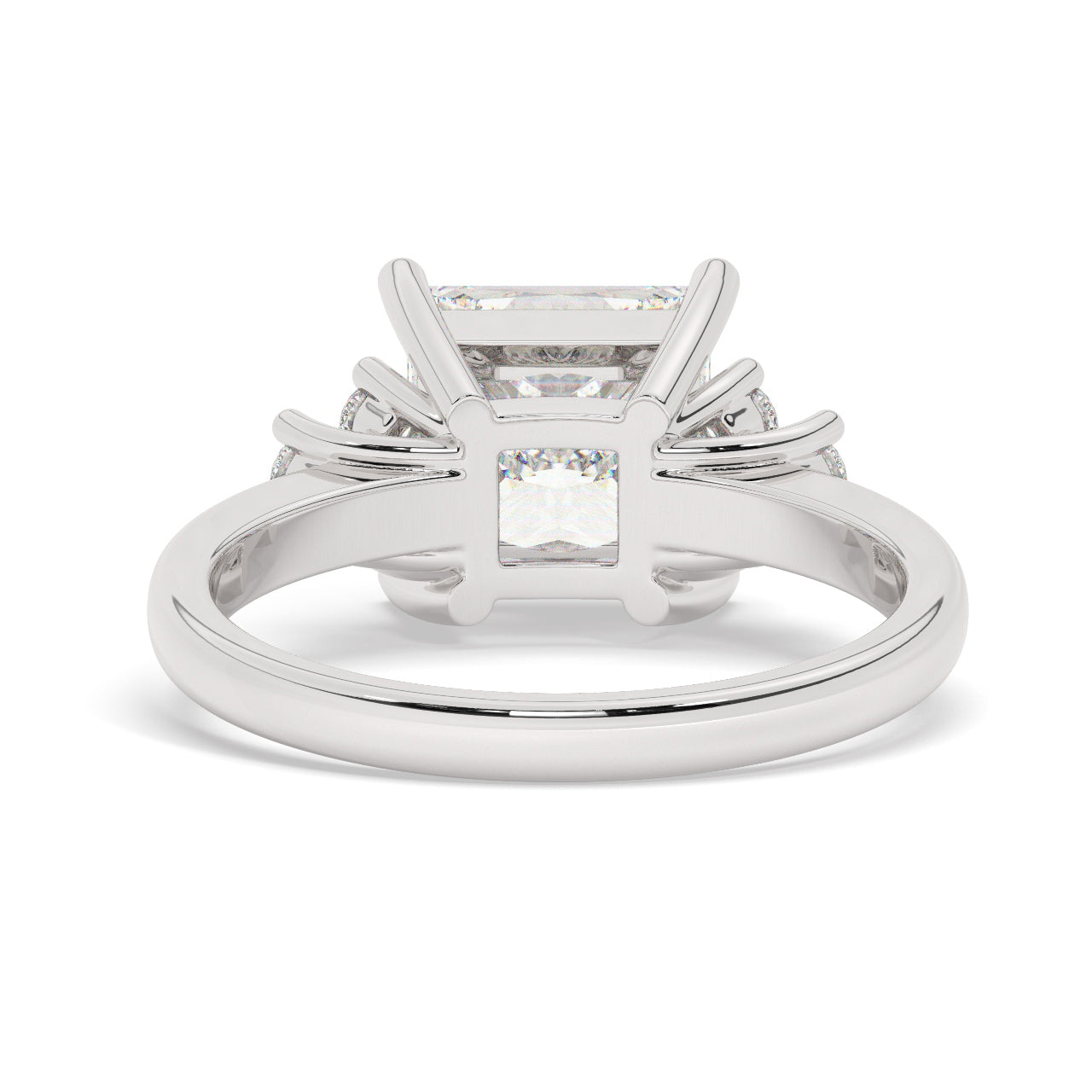 White Gold Princess Cut Engagement Ring Accompanied by Round Stones - Back View