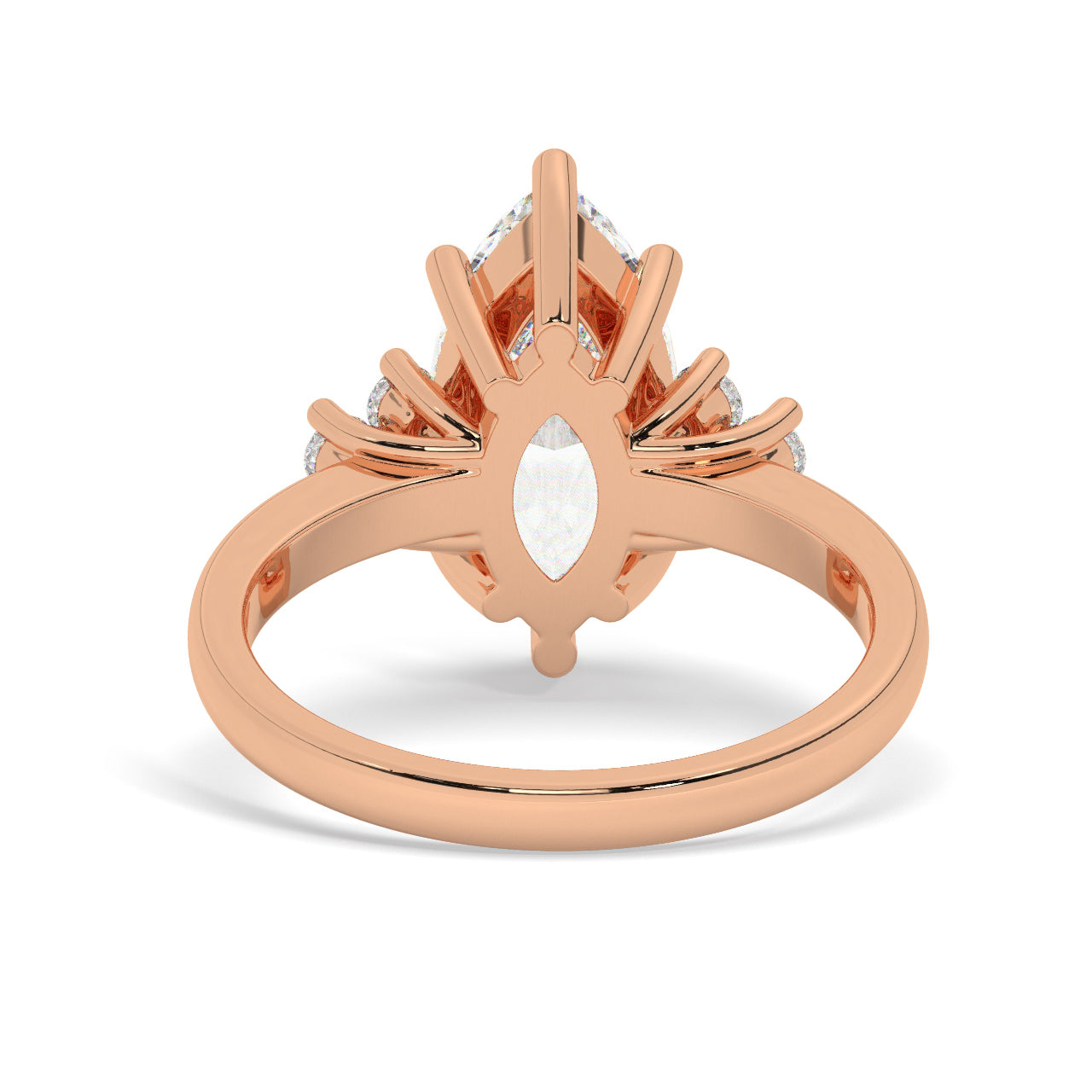 Rose Gold Marquis Cut Engagement Ring Accompanied by Round Stones - Back View