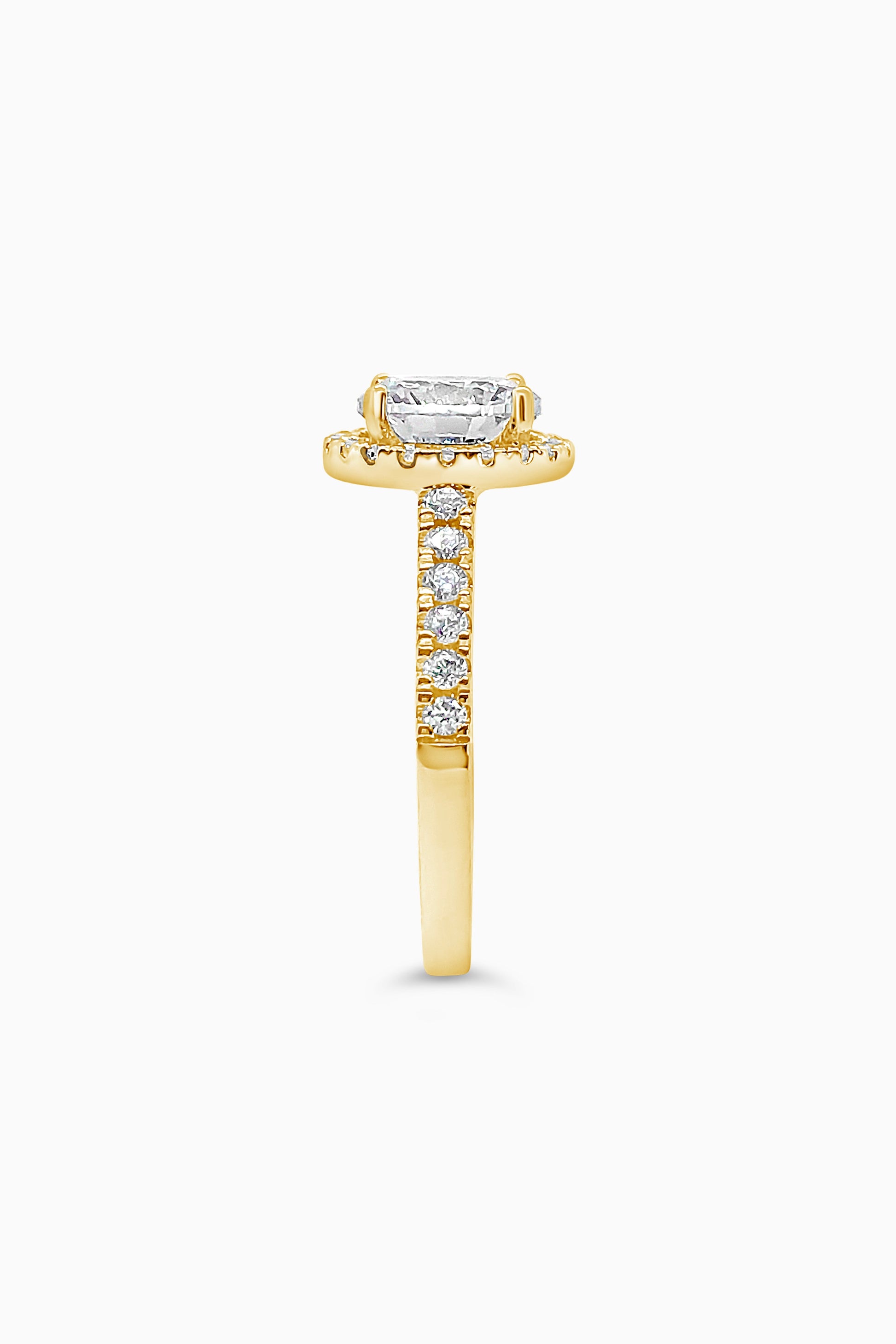 Yellow Gold Round Cut Engagement Ring with Halo and Pavé Band Cathedral Setting - Other Side View