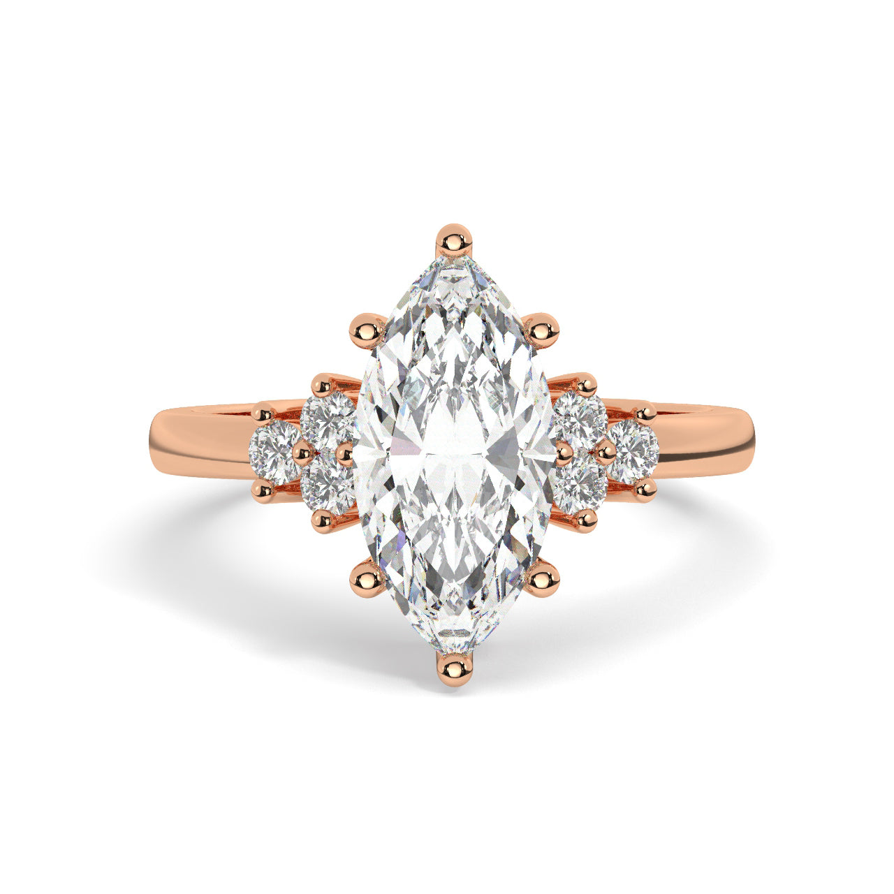 Rose Gold Marquis Cut Engagement Ring Accompanied by Round Stones