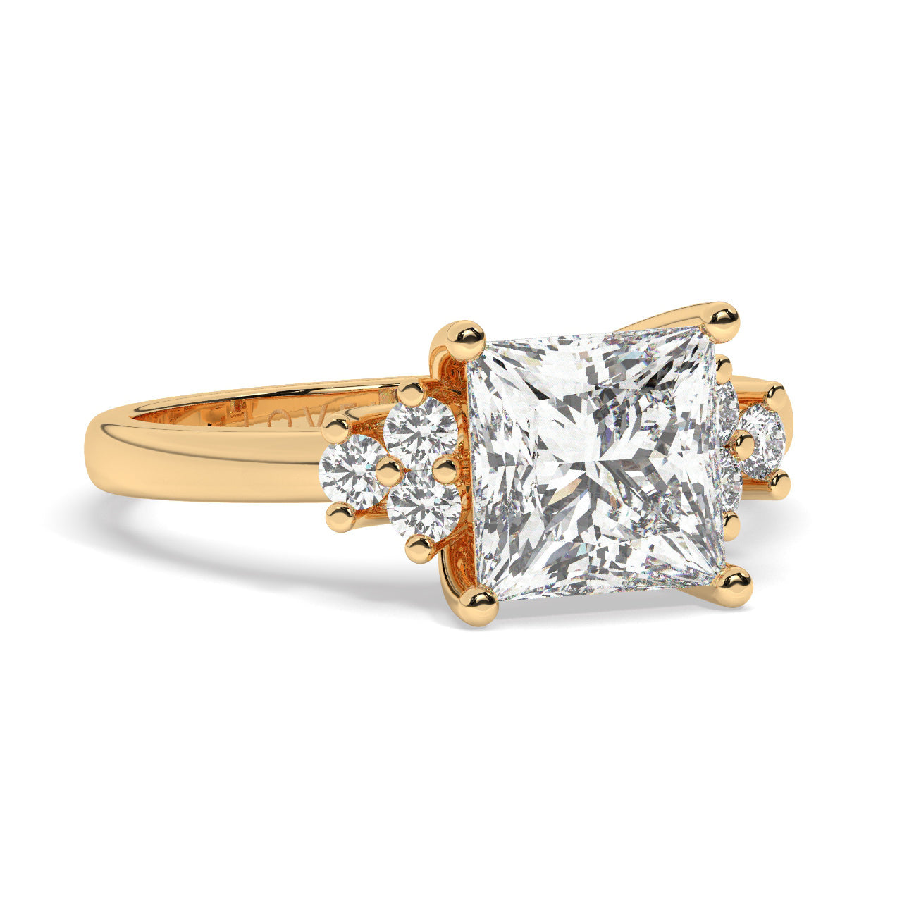 Yellow Gold Princess Cut Engagement Ring Accompanied by Round Stones - Rotated View