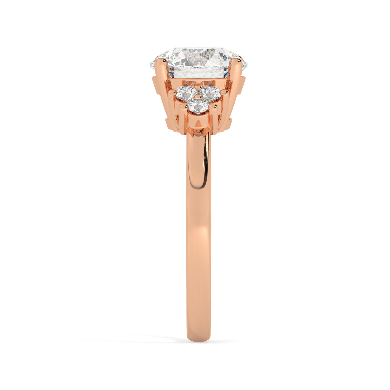 Rose Gold Round Cut Engagement Ring Accompanied by Round Side Stones - Other Side View
