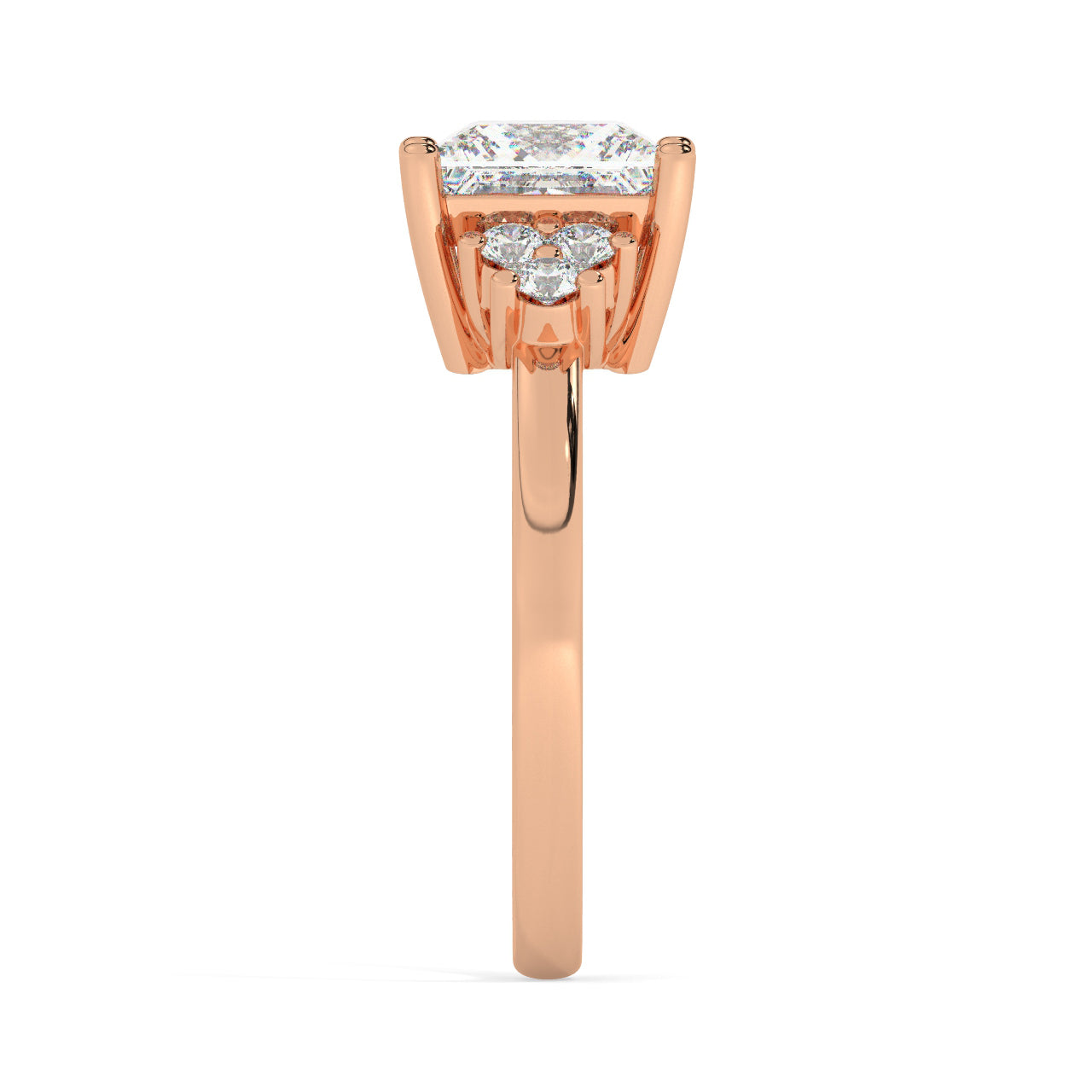 Rose Gold Princess Cut Engagement Ring Accompanied by Round Stones - Other Side View