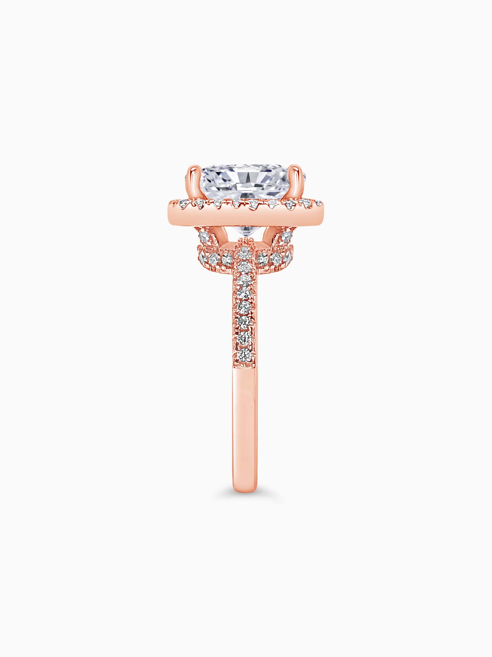 Rose Gold Large Cushion Cut with Surrounding Halo and Pavé stones all along the prongs, crown, and band - Other Side View