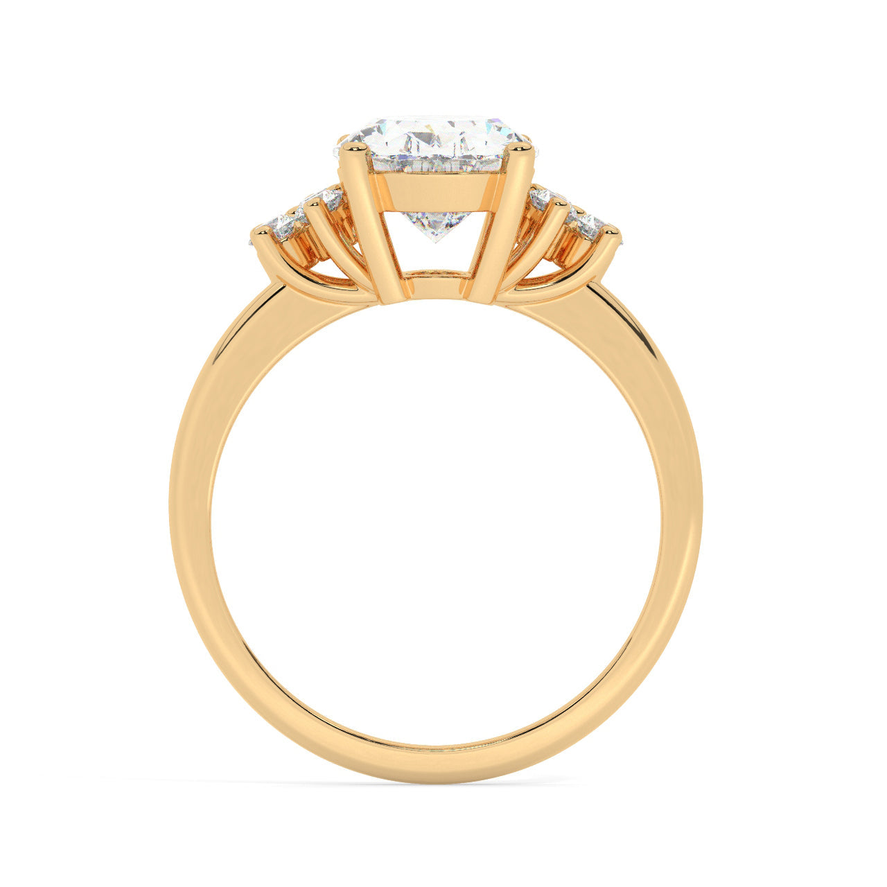 Yellow Gold Oval Cut Engagement Ring with Accompanying Round Stones - Side View