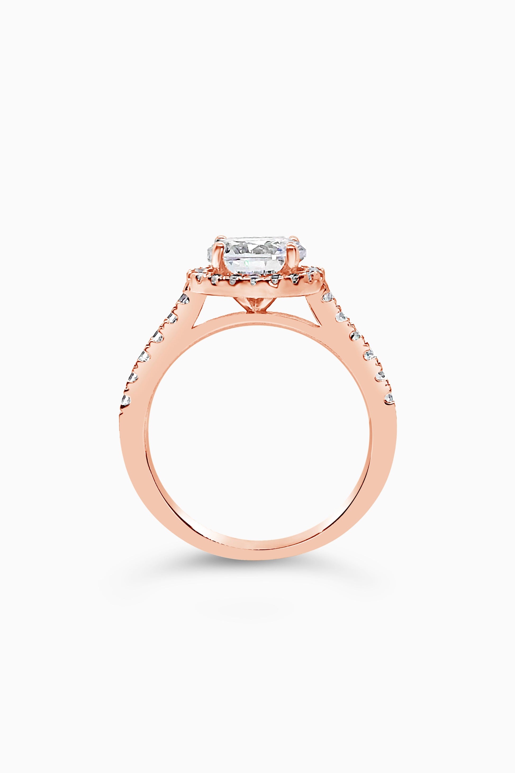 Rose Gold Round Cut Engagement Ring with Halo and Pavé Band Cathedral Setting - Side View