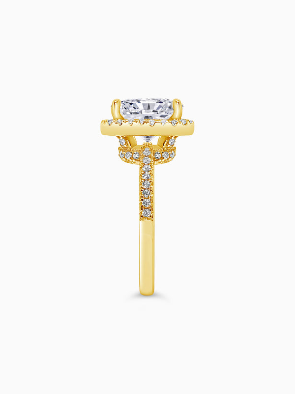 Yellow Gold Large Cushion Cut with Surrounding Halo and Pavé stones all along the prongs, crown, and band - Other Side View