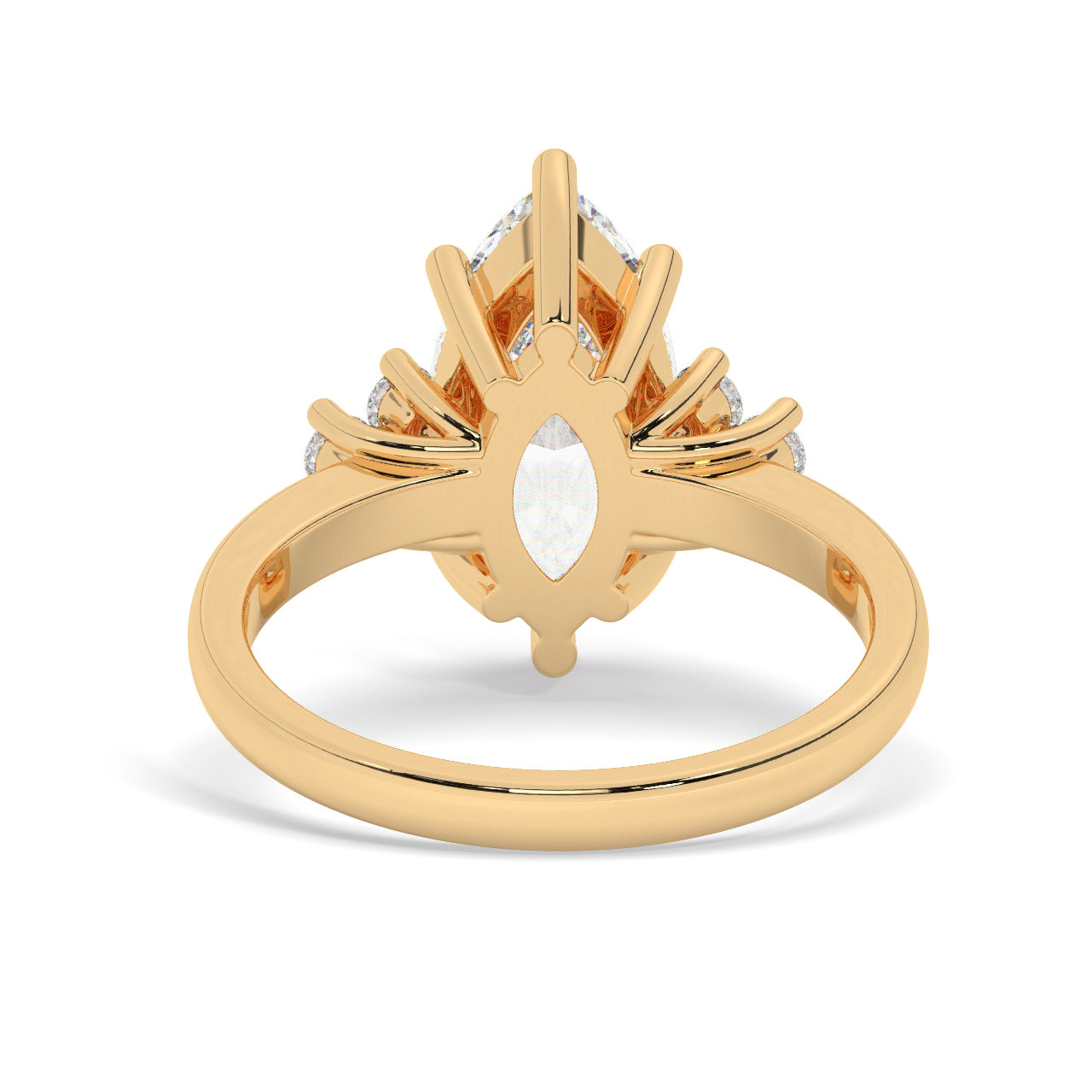 Yellow Gold Marquis Cut Engagement Ring Accompanied by Round Stones - Back View