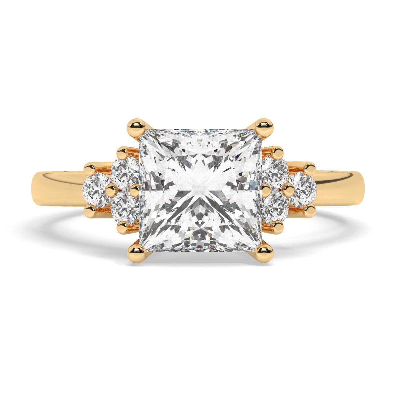 Yellow Gold Princess Cut Engagement Ring Accompanied by Round Stones